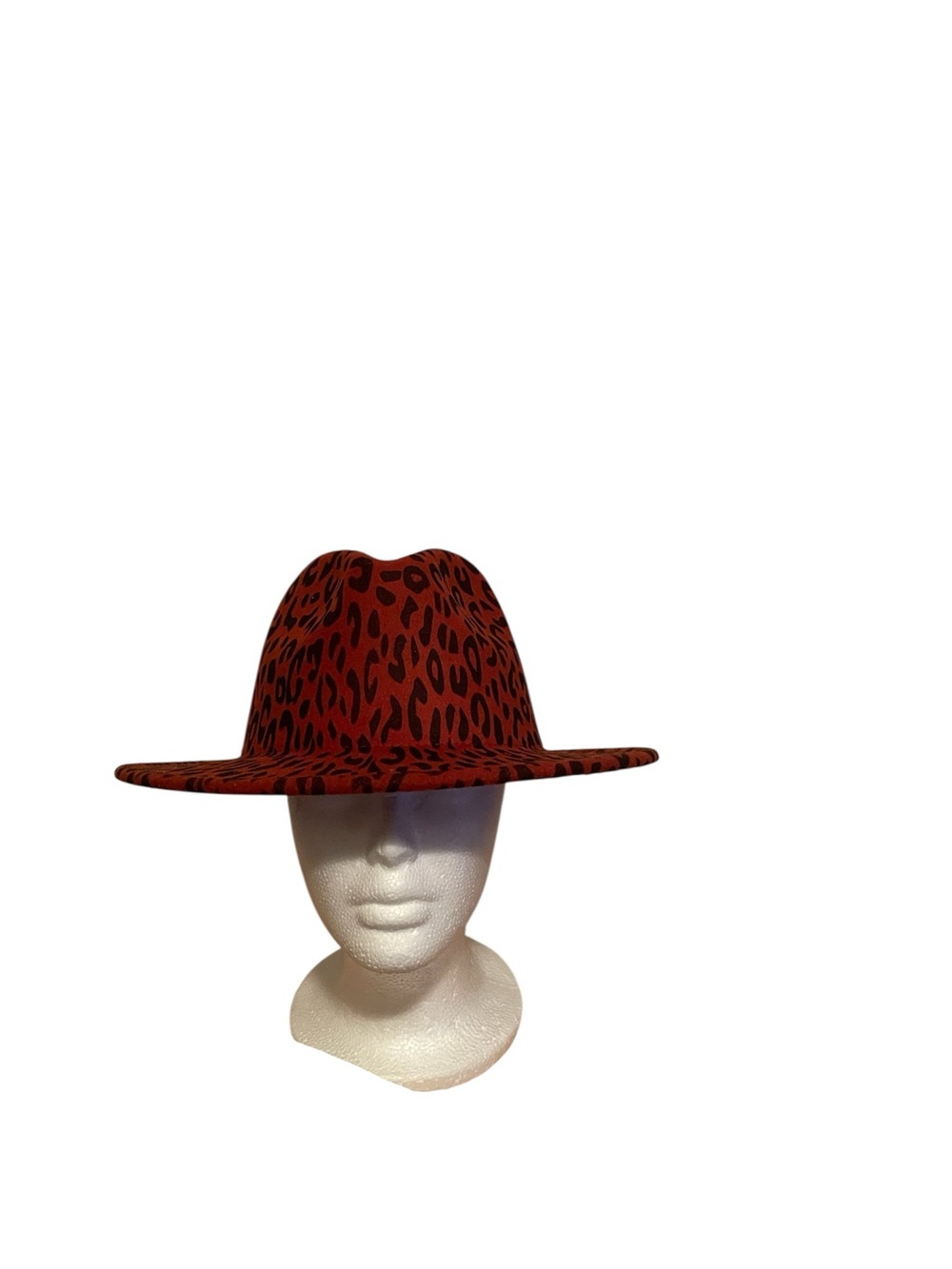 Wide Brim Leopard Print Felt Fedora Hat - Red